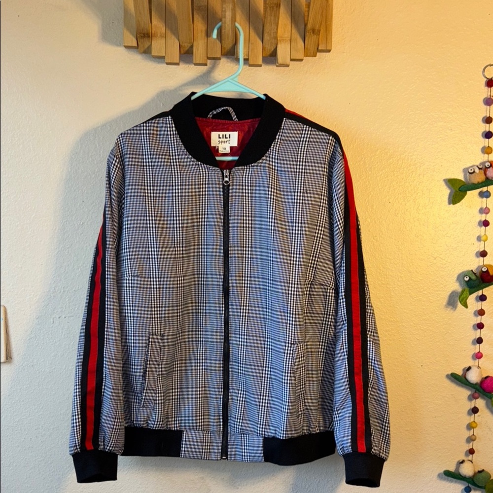 NWOT LILI SPORT black and white plaid with black and red ribbon down the